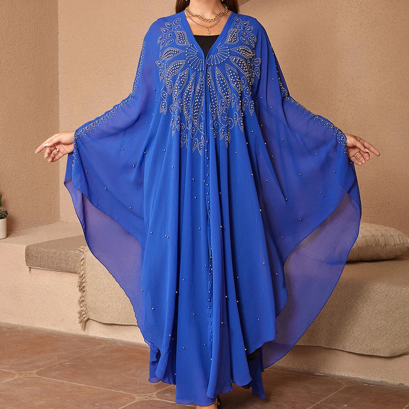 Fashion Chiffon Hooded Boubou Kaftan Abaya Dubai Turkey Muslim Caftan Maxi Dresses Islamic Clothing Elegant African Beads Dress