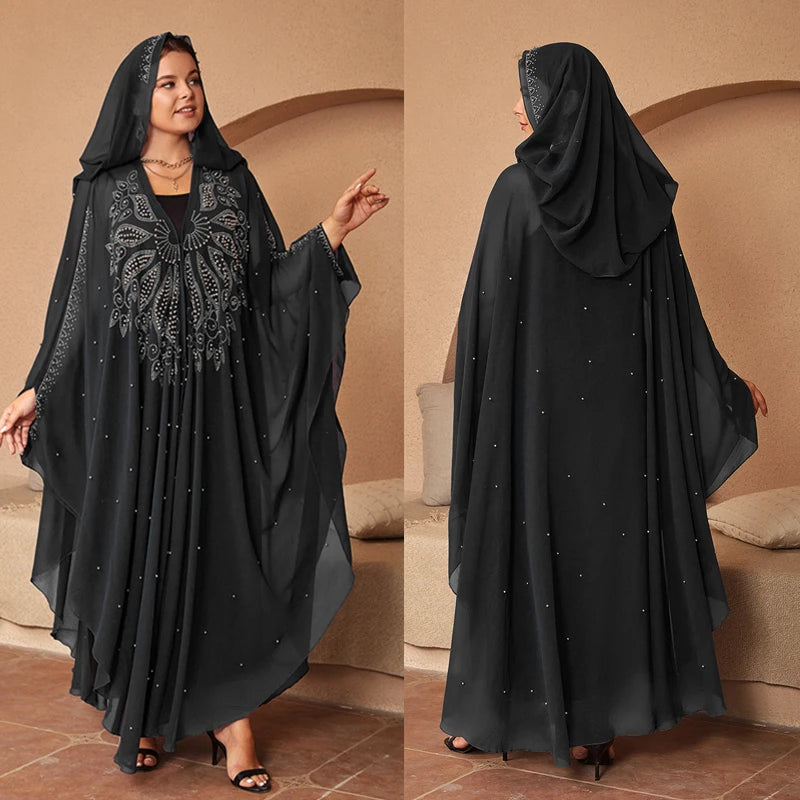 Fashion Chiffon Hooded Boubou Kaftan Abaya Dubai Turkey Muslim Caftan Maxi Dresses Islamic Clothing Elegant African Beads Dress