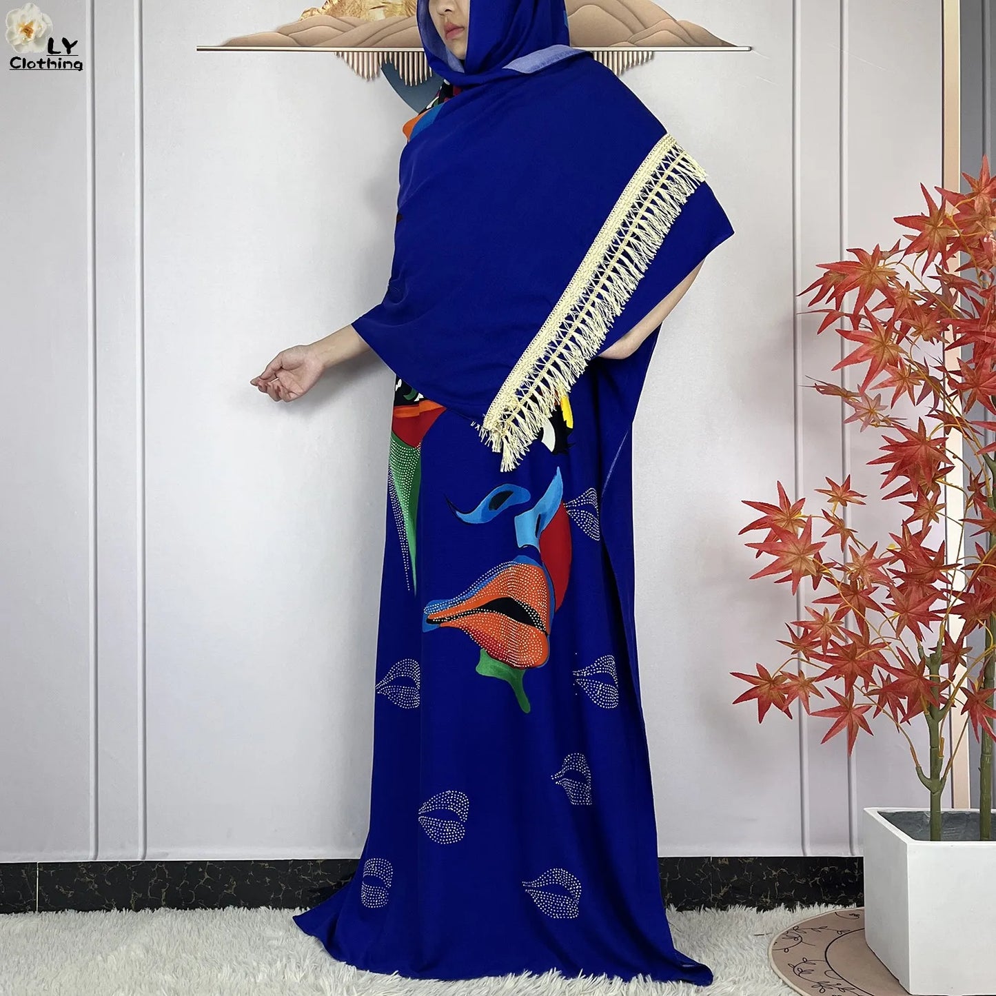 Muslim Lady Dress With Big Scarf Cotton Printed Loose Floral African Dashiki Boubou Maxi Islam Women Short Sleeve Abaya Clothing