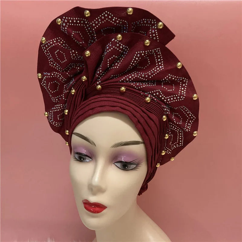 Nigerian gel headgear, with stone bead, already made auto, turban, afro aso ebi gel aso oke, wide brim headgear 7L111802