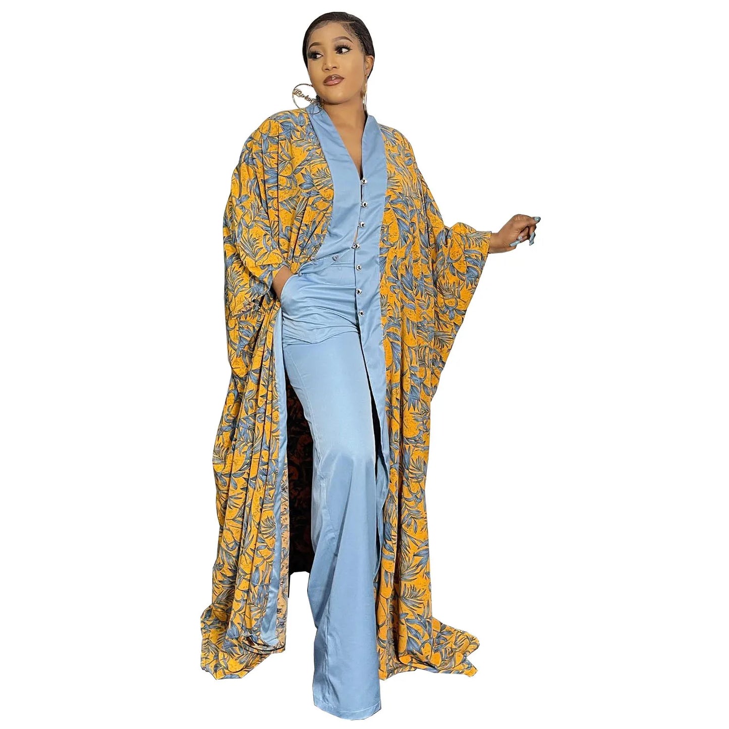 CM.YAYA Elegant Women's Set Satin Floral Plaid Batwing Sleeve Robe Cape Top  and Pants Street Tracksuit Two 2 Piece Set Outfits