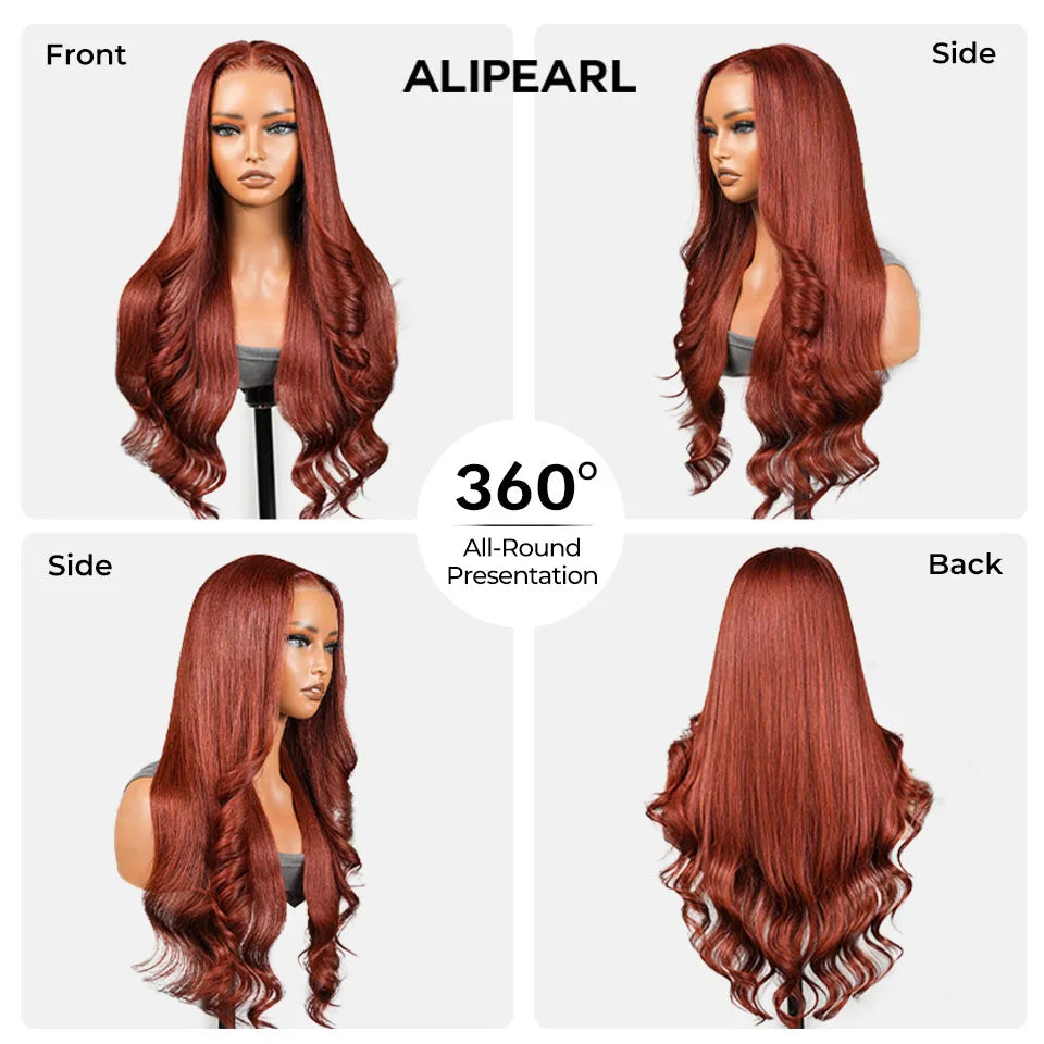 Alipearl Hair Vintage Red Brown Customized Wave 13x4 Lace Fontal & 4x7 Closure Wig Human Hair Pre Cut Pre Plucked 250% Density