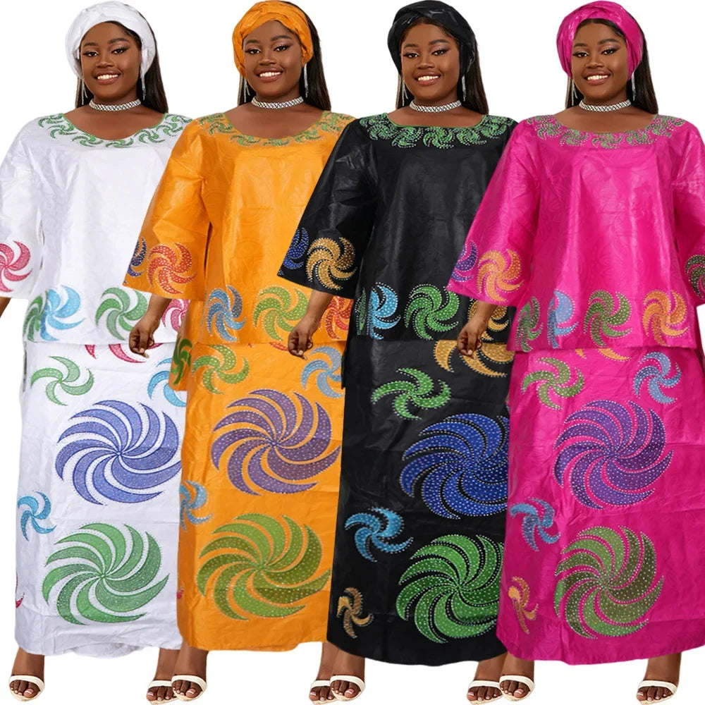 Women Plus Size Clothing African Ankara Dashiki Print Dress Wedding Party Traditional Gown Scarf Tops Skirt 3 Piece Set Outfits