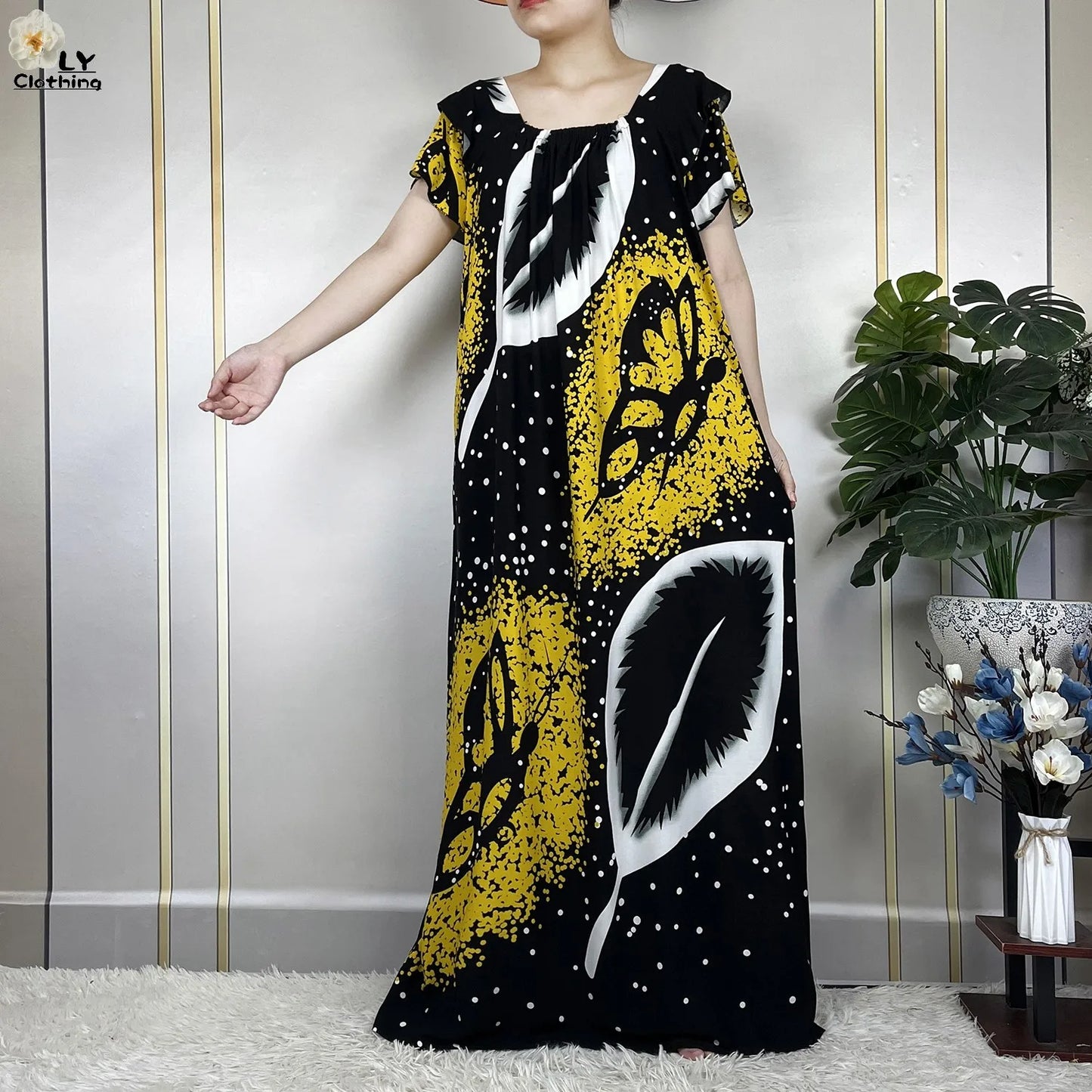 2023 New Muslim Lady Fashion Summer Cotton Short Sleeve Dress Floral Print Boubou Maxi Islam Women Loose African Abaya Clothes