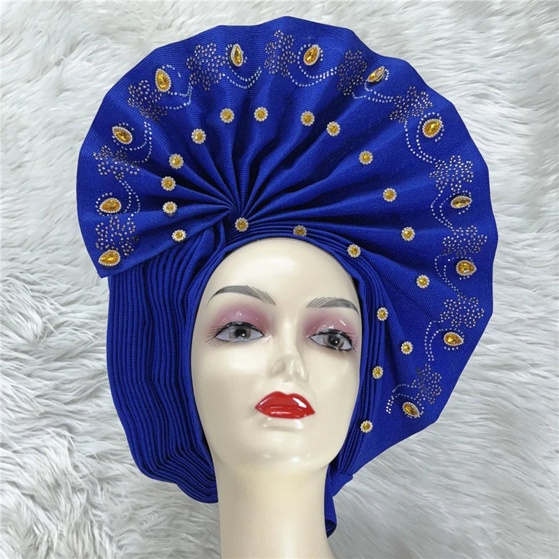 Nigerian gel headgear, with stone bead, already made auto, turban, afro aso ebi gel aso oke, wide brim headgear 7L111802