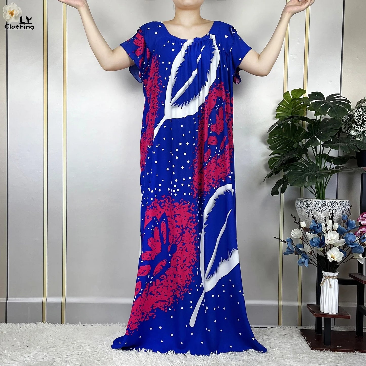 2023 New Muslim Lady Fashion Summer Cotton Short Sleeve Dress Floral Print Boubou Maxi Islam Women Loose African Abaya Clothes