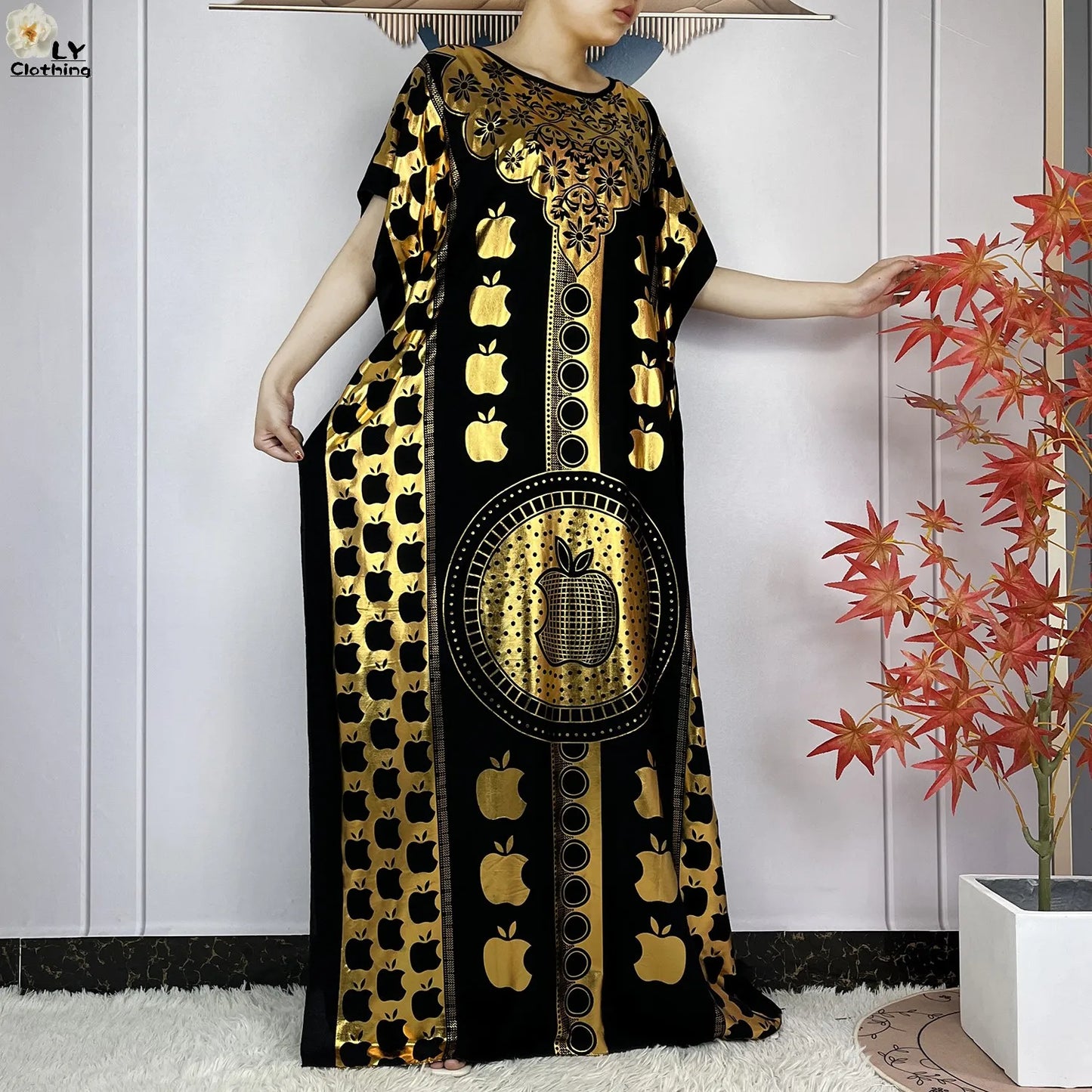 New Summer Short Sleeve Robe Cotton Loose Lady Dress With Big Scarf Gold Stamping Boubou Maxi Islam Women African Abaya Clothing