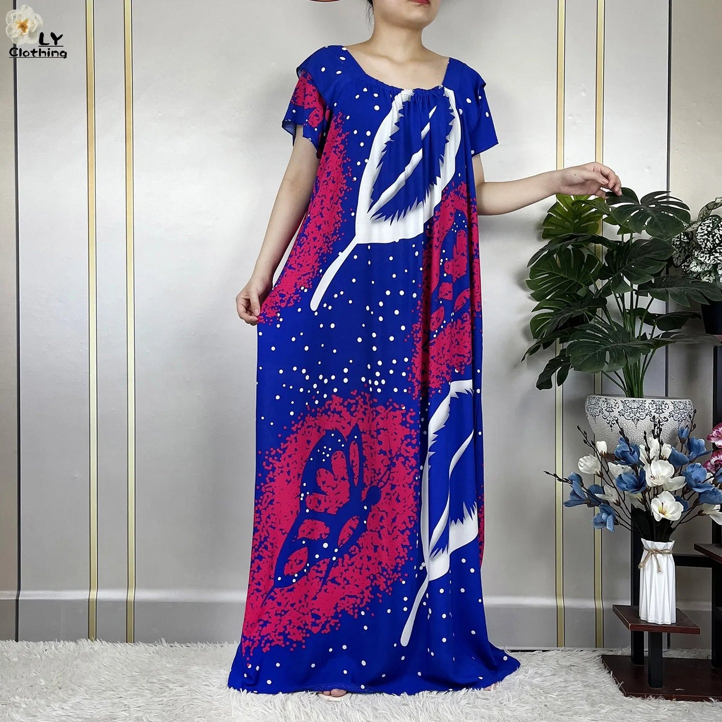 2023 New Muslim Lady Fashion Summer Cotton Short Sleeve Dress Floral Print Boubou Maxi Islam Women Loose African Abaya Clothes