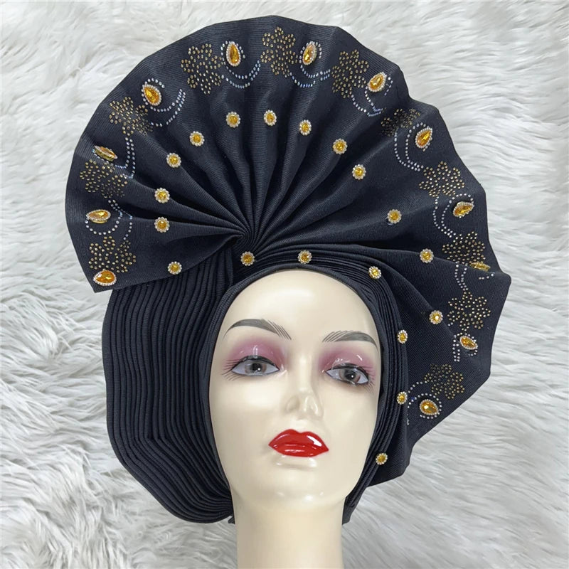 Nigerian gel headgear, with stone bead, already made auto, turban, afro aso ebi gel aso oke, wide brim headgear 7L111802