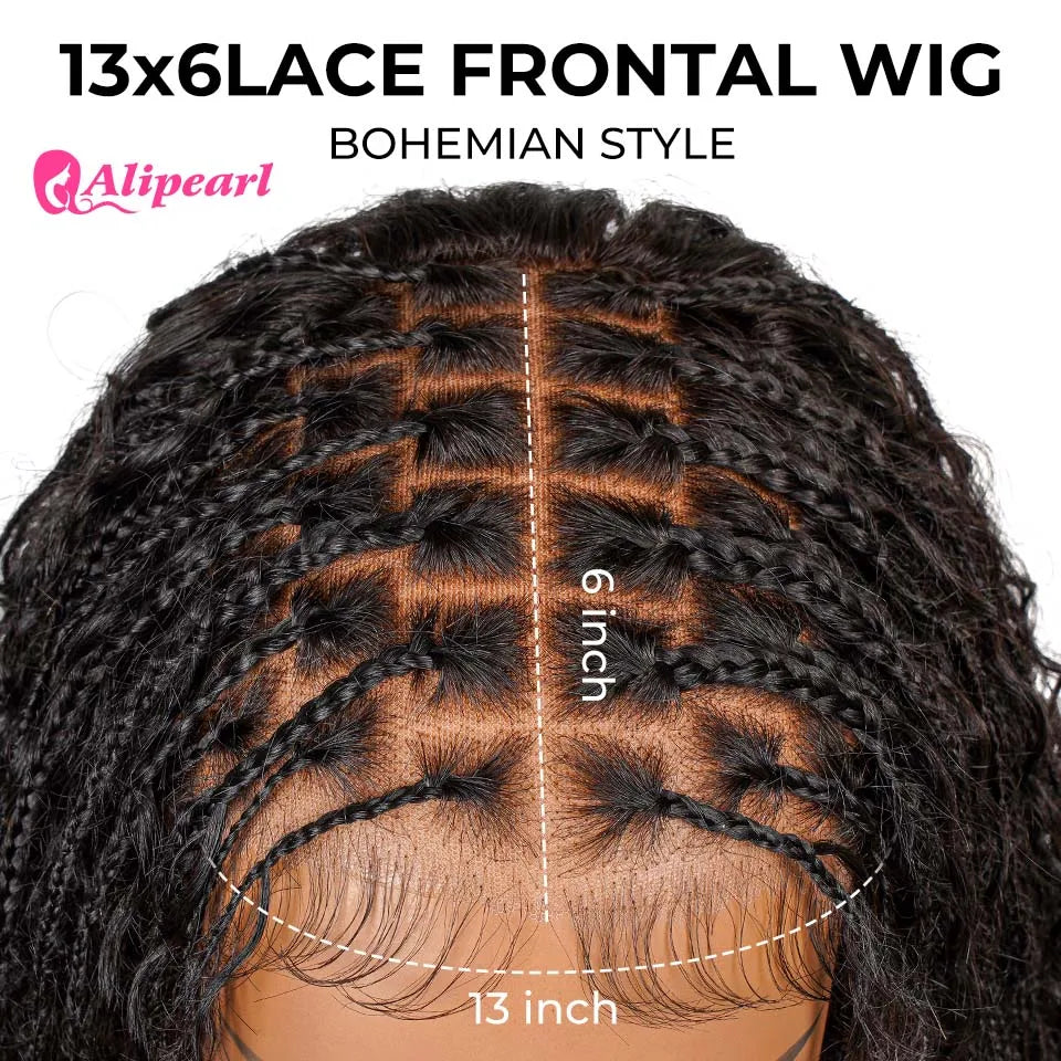 AliPearl Hair Boho Braided Knotless Short Curly 13x6 Lace frontal Wig Pre cut lace Human Hair Wigs 180% density