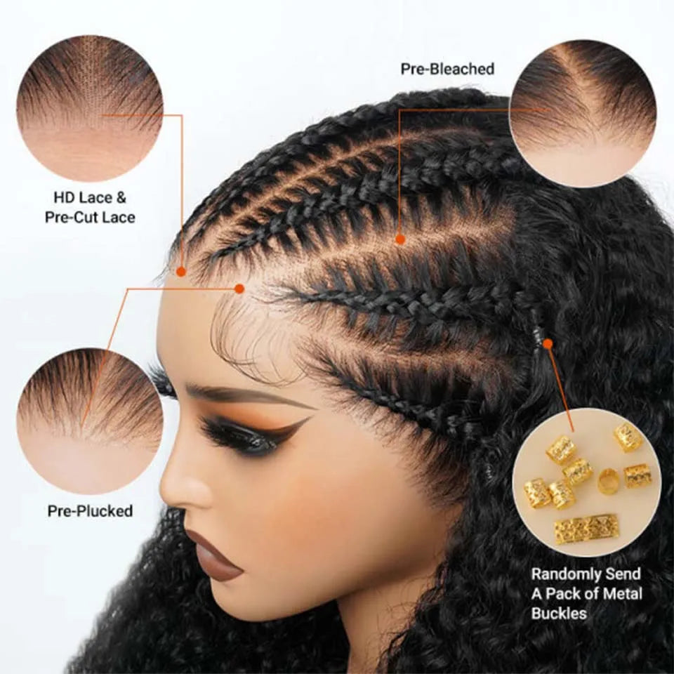 Alipearl Pre-Styled Cute Braids Curly Ready & Go Human Hair Wig 13x6 Transparent Lace Full Frontal Guleless Wig Pre Baby Hair