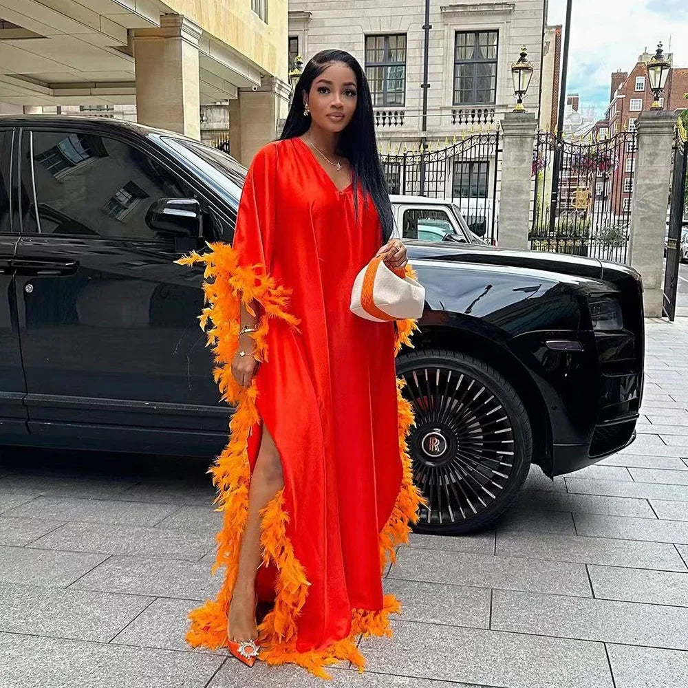 New Products Rayon Feather Elegant and Pretty Women's Dresses Gala Dress Woman Abaya African Dresses for Women 2024 Evening Long