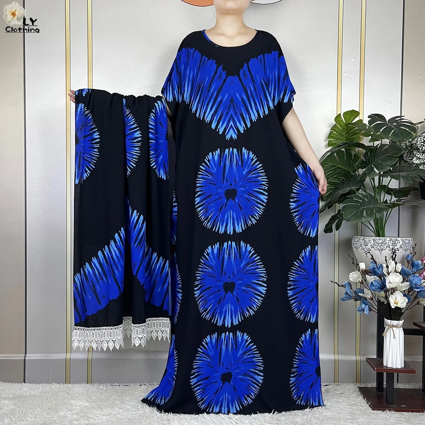 2023 New Muslim Fashion Summer Woman Short Sleeve Dresses With Big Scarf Loose Cotton Boubou Kaftan Islam African Abaya Clothing