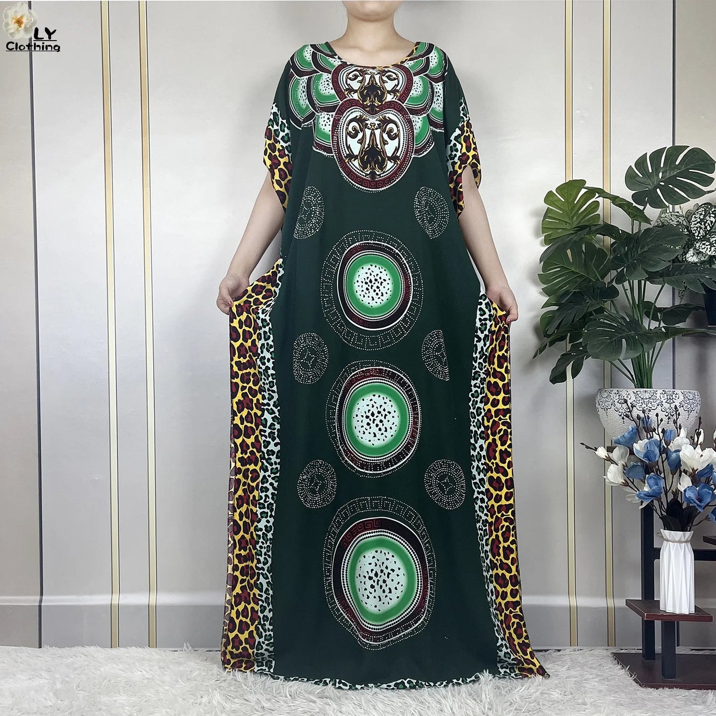 Muslim Lady Dress With Big Scarf Cotton Printed Loose Floral African Dashiki Boubou Maxi Islam Women Short Sleeve Abaya Clothing