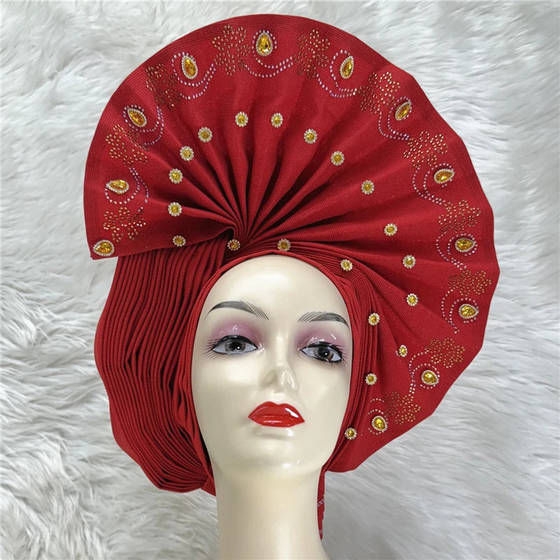 Nigerian gel headgear, with stone bead, already made auto, turban, afro aso ebi gel aso oke, wide brim headgear 7L111802