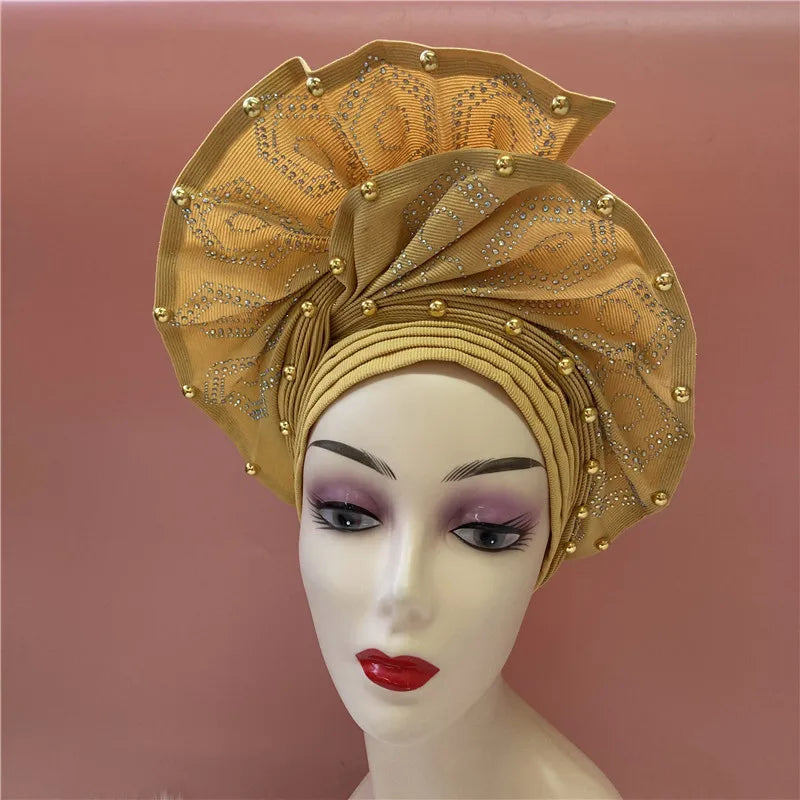 Nigerian gel headgear, with stone bead, already made auto, turban, afro aso ebi gel aso oke, wide brim headgear 7L111802