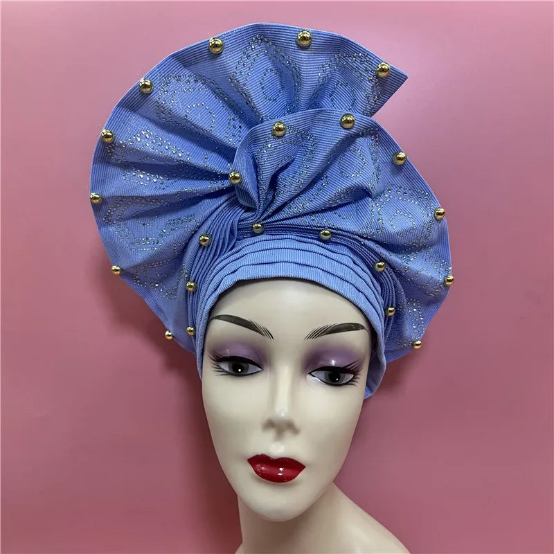 Nigerian gel headgear, with stone bead, already made auto, turban, afro aso ebi gel aso oke, wide brim headgear 7L111802