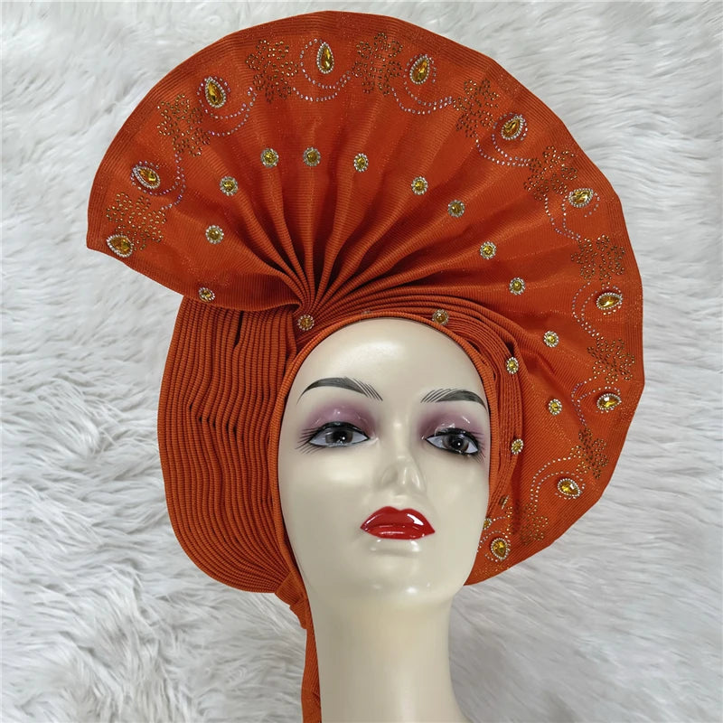 Nigerian gel headgear, with stone bead, already made auto, turban, afro aso ebi gel aso oke, wide brim headgear 7L111802