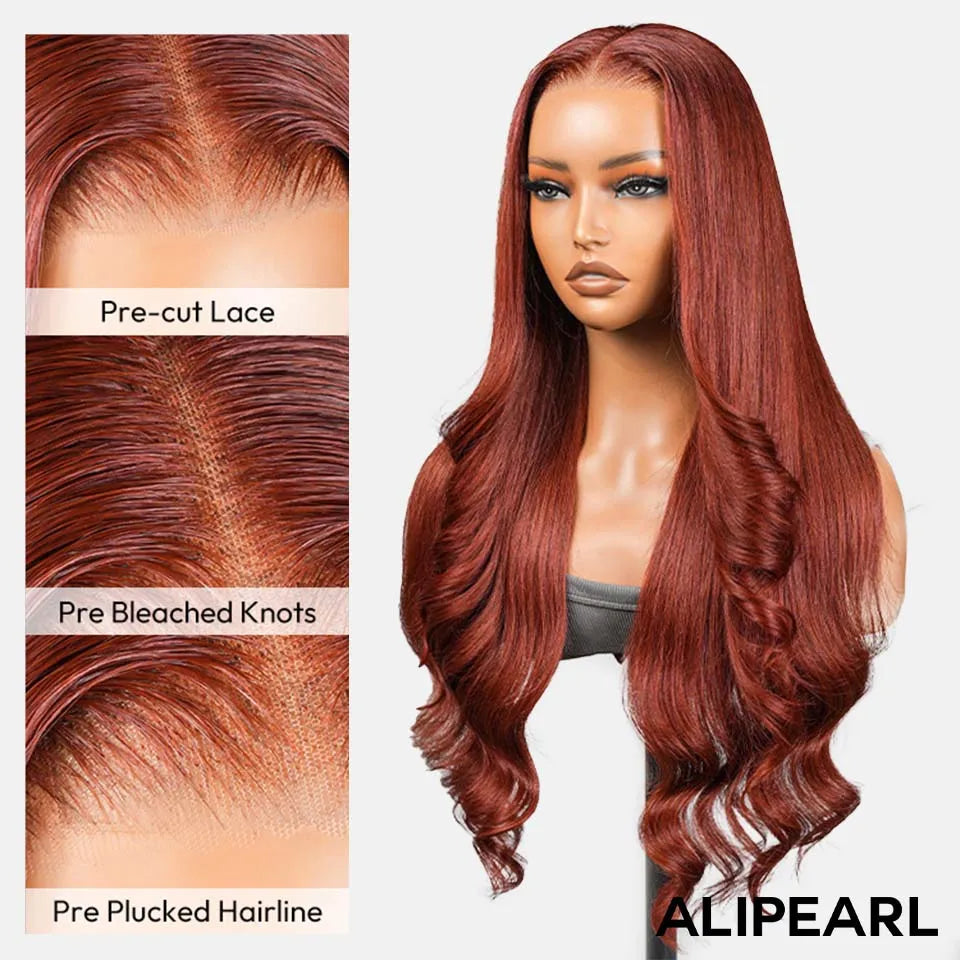 Alipearl Hair Vintage Red Brown Customized Wave 13x4 Lace Fontal & 4x7 Closure Wig Human Hair Pre Cut Pre Plucked 250% Density