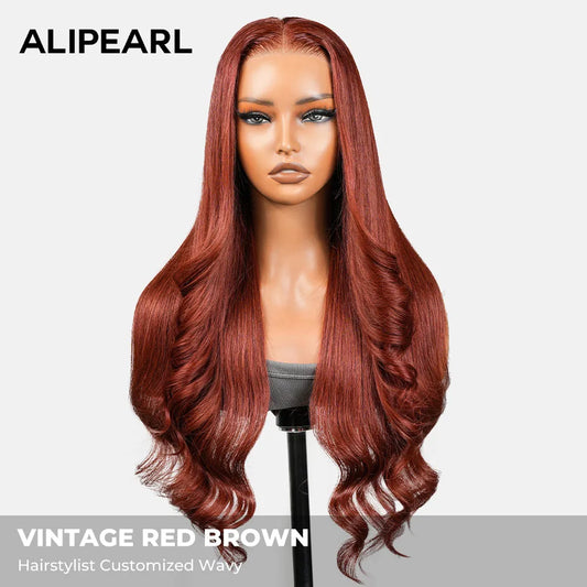 Alipearl Hair Vintage Red Brown Customized Wave 13x4 Lace Fontal & 4x7 Closure Wig Human Hair Pre Cut Pre Plucked 250% Density