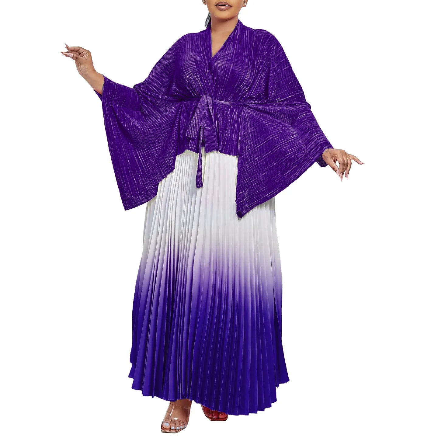 2PCS African Dresses For Women Pleated Gradient Color Kimono Belted Tops Skirt Set Ankara Dashiki Africa Clothing Outfits Abaya