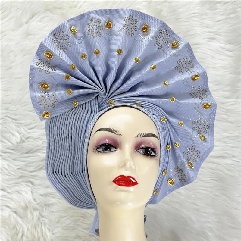 Nigerian gel headgear, with stone bead, already made auto, turban, afro aso ebi gel aso oke, wide brim headgear 7L111802