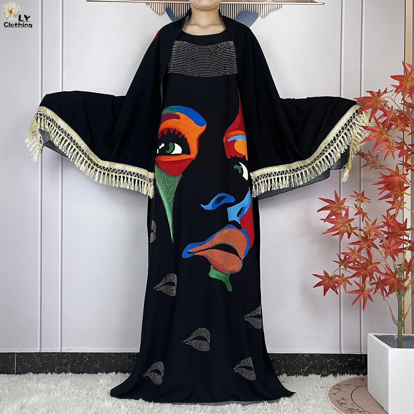 Muslim Lady Dress With Big Scarf Cotton Printed Loose Floral African Dashiki Boubou Maxi Islam Women Short Sleeve Abaya Clothing