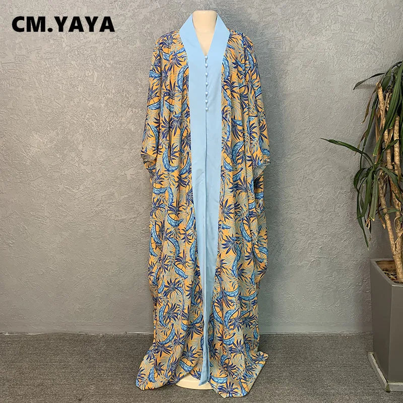 CM.YAYA Elegant Women's Set Satin Floral Plaid Batwing Sleeve Robe Cape Top  and Pants Street Tracksuit Two 2 Piece Set Outfits