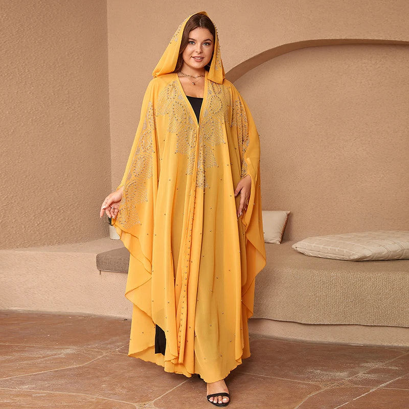 Muslim Kaftan Hooded Abaya Dress For Women Dubai Turkish Rhinestone Chiffon Djellaba Elegant Loose Boubou Beads Africa Clothing