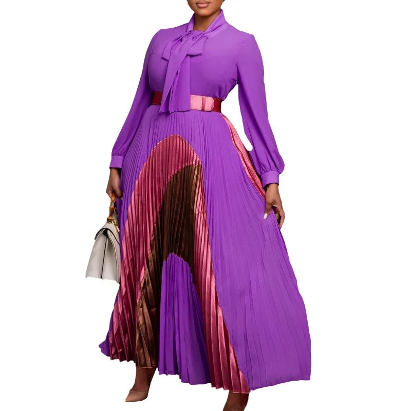 Elegant Women's Pleated Maxi Dress Autumn New Style Lace Up Pleated Long Sleeved Color Matching Fashion Birthday Wedding Guest