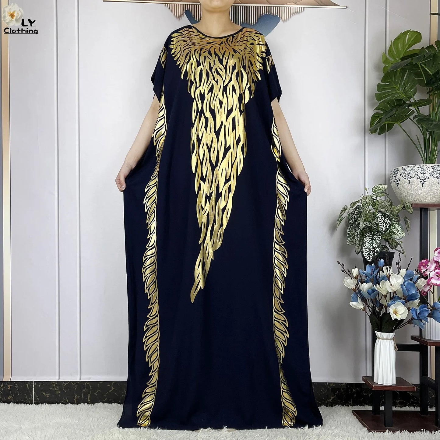 New Summer Short Sleeve Robe Cotton Loose Lady Dress With Big Scarf Gold Stamping Boubou Maxi Islam Women African Abaya Clothing