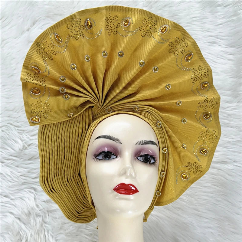 Nigerian gel headgear, with stone bead, already made auto, turban, afro aso ebi gel aso oke, wide brim headgear 7L111802