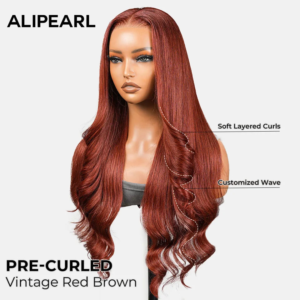 Alipearl Hair Vintage Red Brown Customized Wave 13x4 Lace Fontal & 4x7 Closure Wig Human Hair Pre Cut Pre Plucked 250% Density