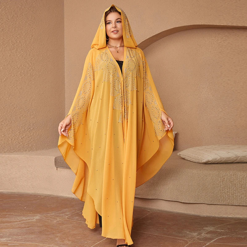 Muslim Kaftan Hooded Abaya Dress For Women Dubai Turkish Rhinestone Chiffon Djellaba Elegant Loose Boubou Beads Africa Clothing