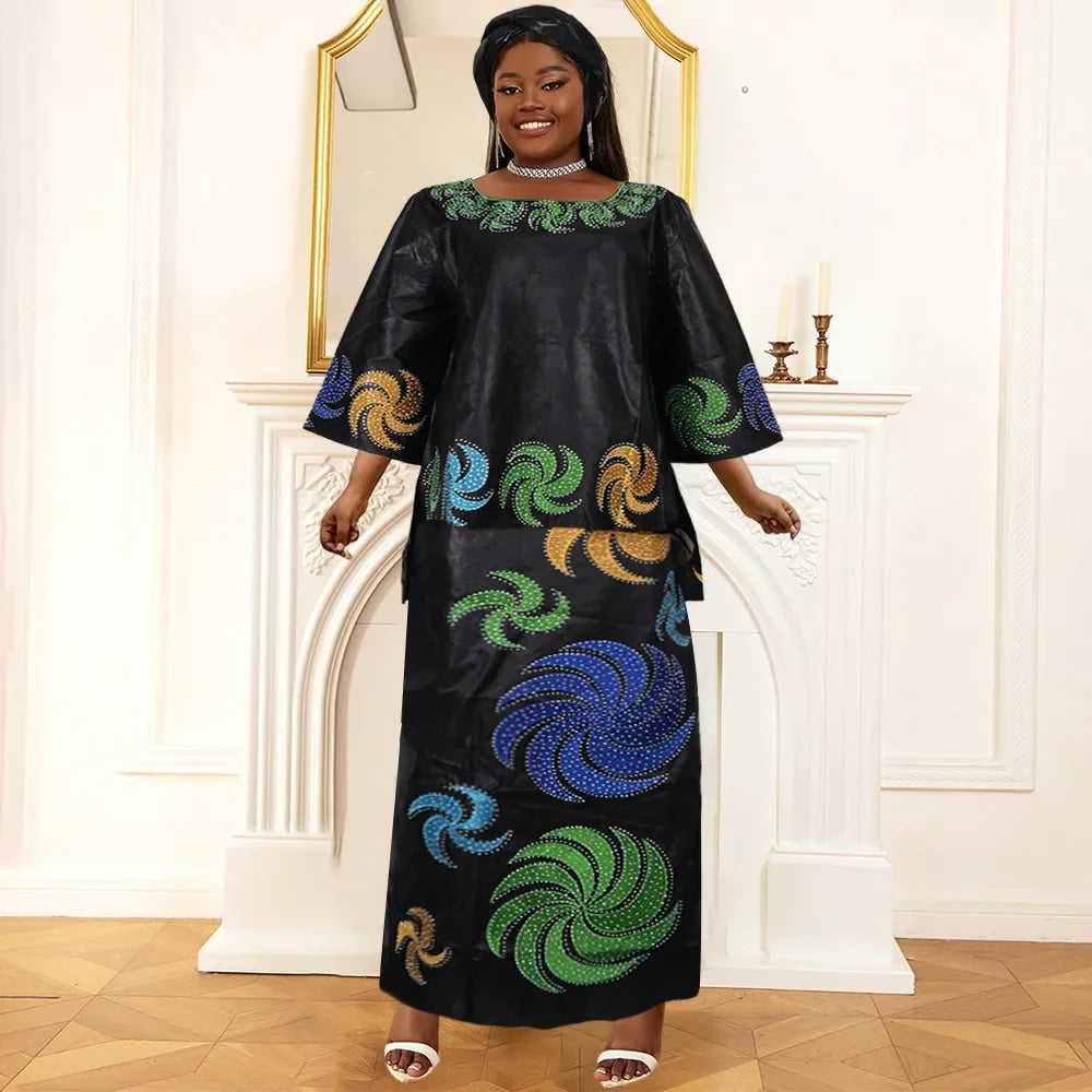 Women Plus Size Clothing African Ankara Dashiki Print Dress Wedding Party Traditional Gown Scarf Tops Skirt 3 Piece Set Outfits