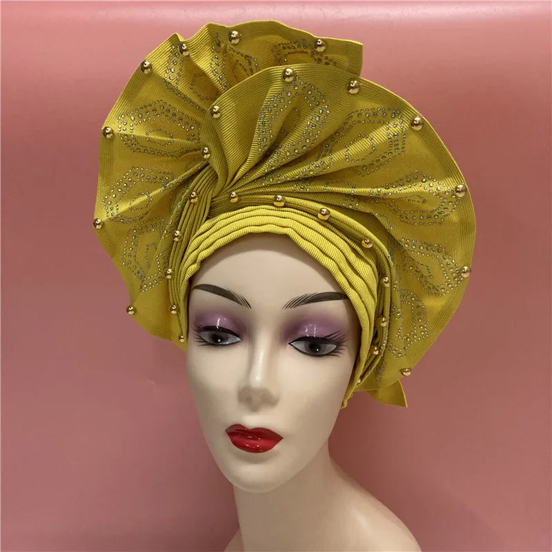 Nigerian gel headgear, with stone bead, already made auto, turban, afro aso ebi gel aso oke, wide brim headgear 7L111802