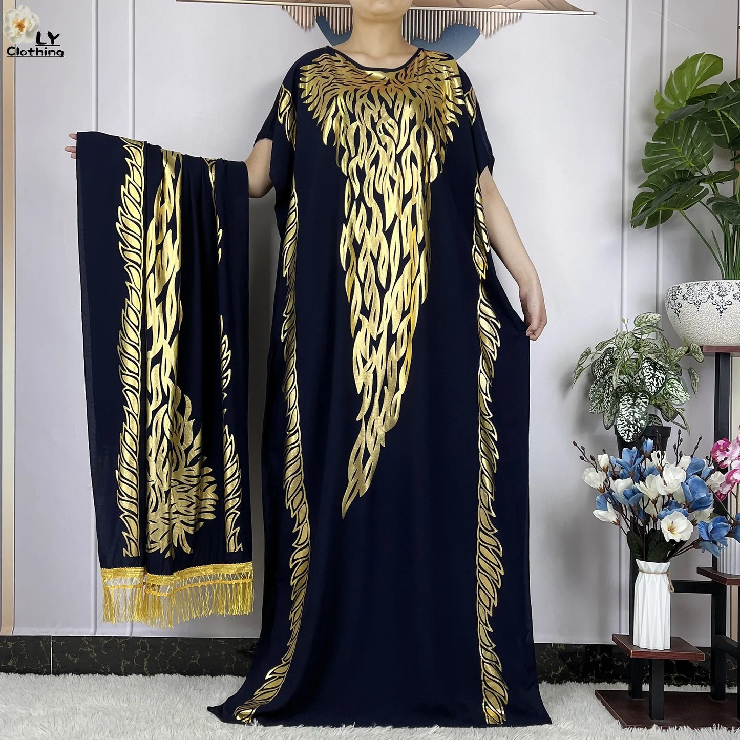 New Summer Short Sleeve Robe Cotton Loose Lady Dress With Big Scarf Gold Stamping Boubou Maxi Islam Women African Abaya Clothing