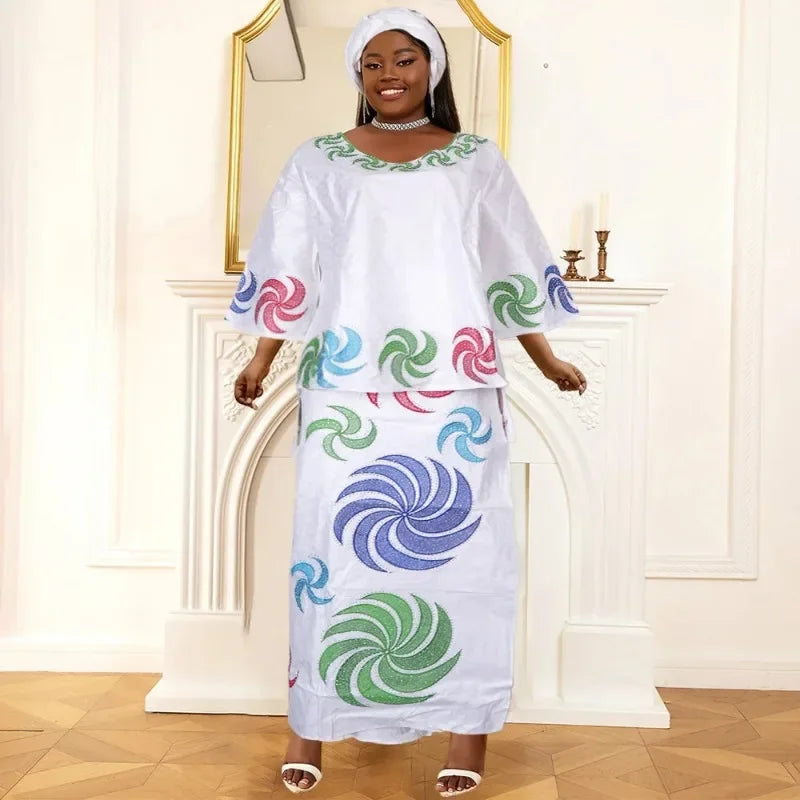 Women Plus Size Clothing African Ankara Dashiki Print Dress Wedding Party Traditional Gown Scarf Tops Skirt 3 Piece Set Outfits