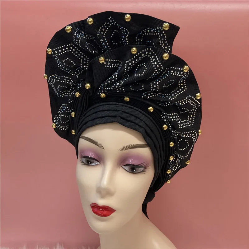 Nigerian gel headgear, with stone bead, already made auto, turban, afro aso ebi gel aso oke, wide brim headgear 7L111802