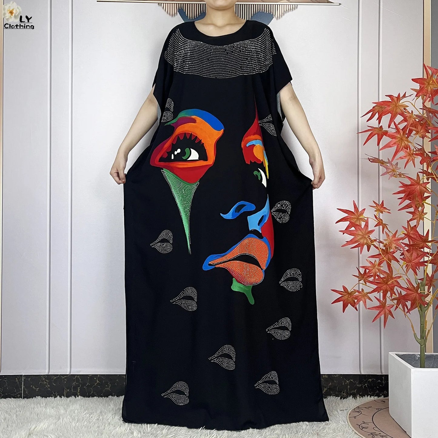 Muslim Lady Dress With Big Scarf Cotton Printed Loose Floral African Dashiki Boubou Maxi Islam Women Short Sleeve Abaya Clothing