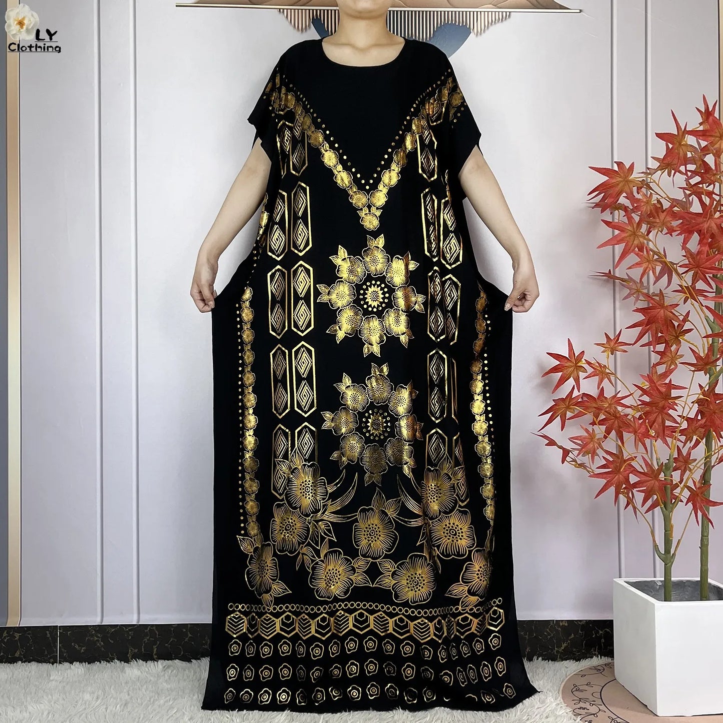 New Summer Short Sleeve Robe Cotton Loose Lady Dress With Big Scarf Gold Stamping Boubou Maxi Islam Women African Abaya Clothing