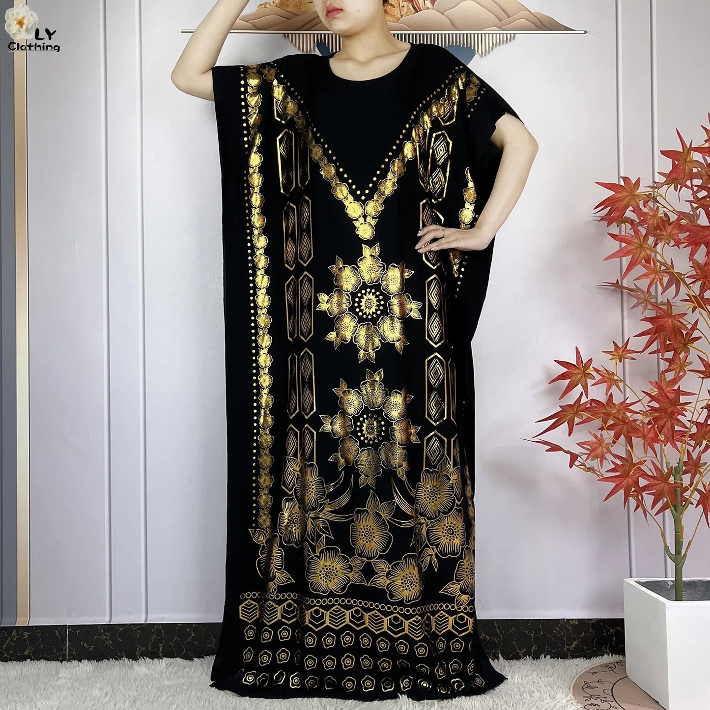 New Summer Short Sleeve Robe Cotton Loose Lady Dress With Big Scarf Gold Stamping Boubou Maxi Islam Women African Abaya Clothing