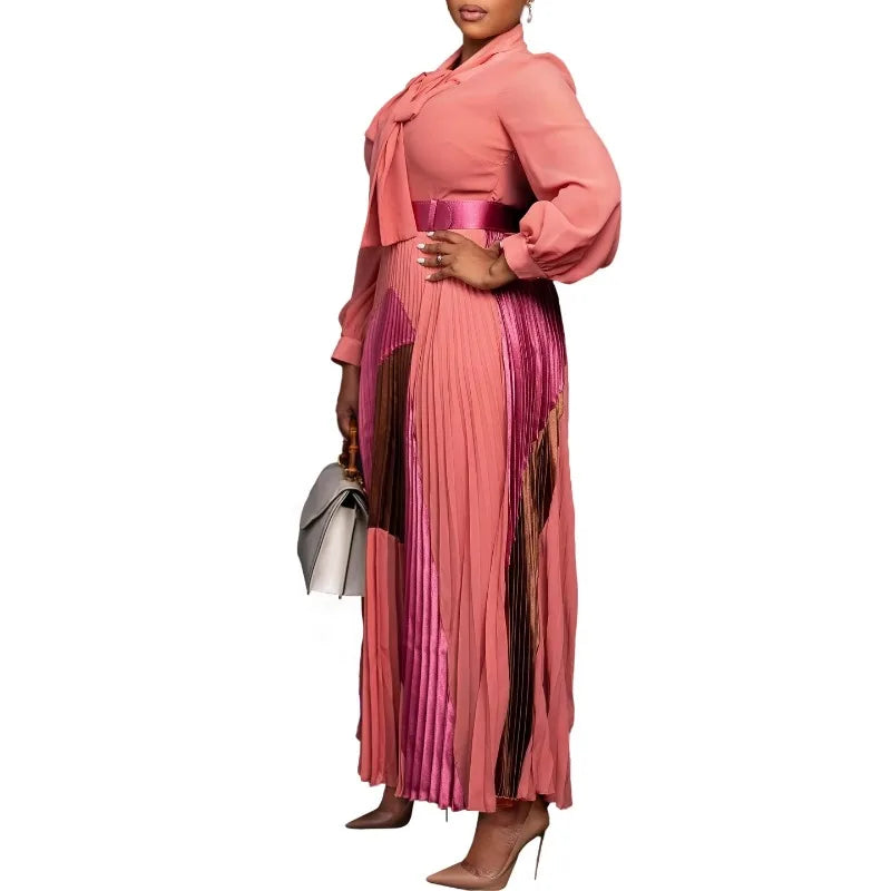 Elegant Women's Pleated Maxi Dress Autumn New Style Lace Up Pleated Long Sleeved Color Matching Fashion Birthday Wedding Guest