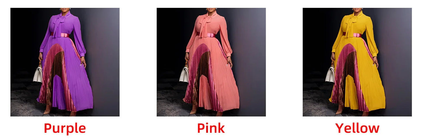 Elegant Women's Pleated Maxi Dress Autumn New Style Lace Up Pleated Long Sleeved Color Matching Fashion Birthday Wedding Guest