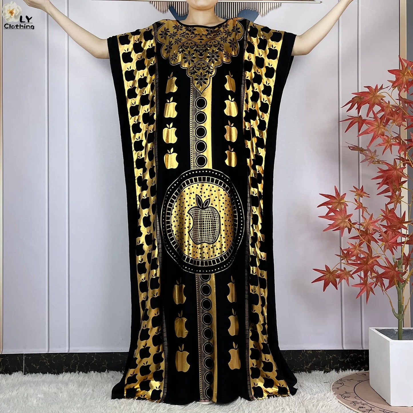 New Summer Short Sleeve Robe Cotton Loose Lady Dress With Big Scarf Gold Stamping Boubou Maxi Islam Women African Abaya Clothing