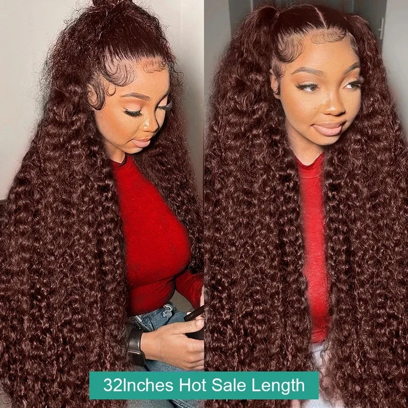 13x6 Frontal Wigs Reddish Brown Curly 30 34 inch 13x4 HD Lace Front Human Hair Wigs Deep Wave PrePlucked For Women