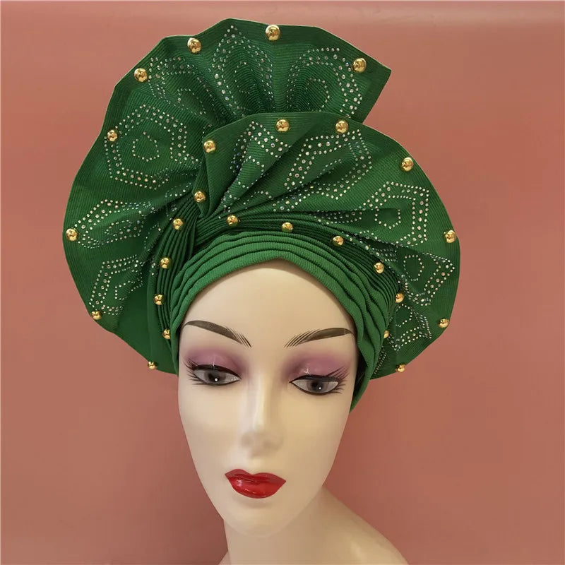 Nigerian gel headgear, with stone bead, already made auto, turban, afro aso ebi gel aso oke, wide brim headgear 7L111802