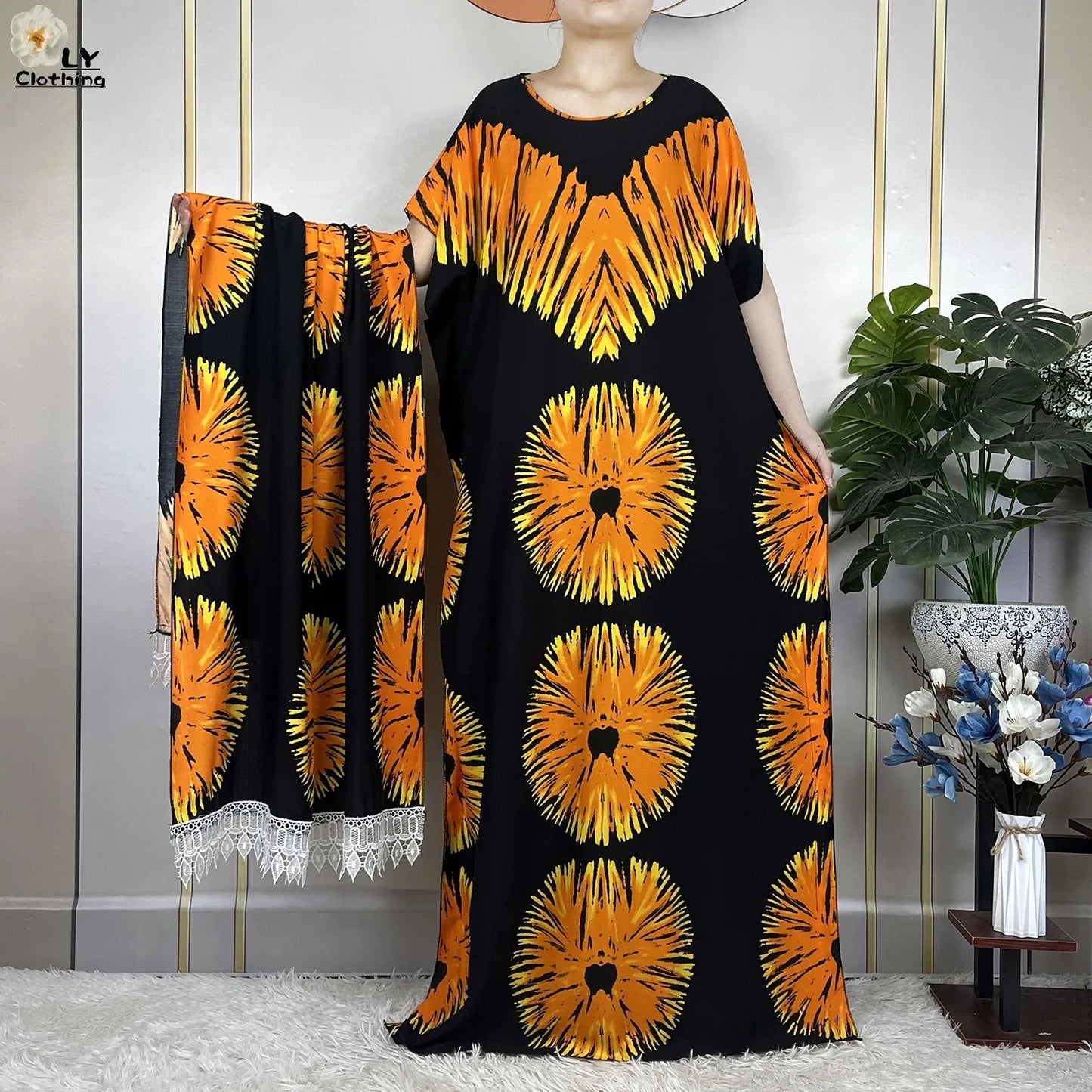 2023 New Muslim Fashion Summer Woman Short Sleeve Dresses With Big Scarf Loose Cotton Boubou Kaftan Islam African Abaya Clothing