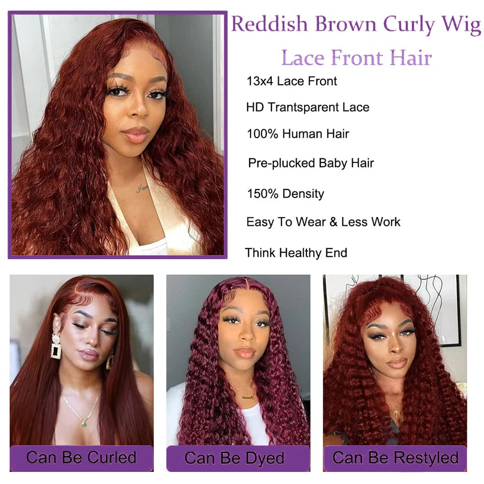 30 Inch Brazilian Reddish Brown Deep Wave 13X6 HD Lace Frontal Wig 13X4 Colored Frontal Lace Curly Human Hair Wigs For Women