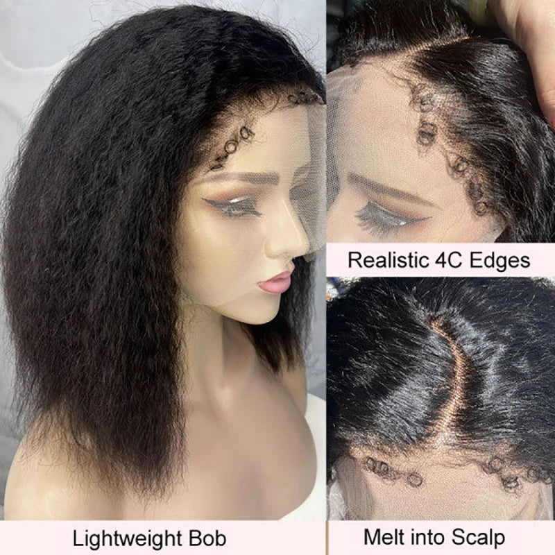 Yaki Bob Wig Edge Afro Curly Short Bob Lace Frontal Wig 180 Lace Front Wigs Short Bob Wig 100% Human Hair Lace Frontal Wigs